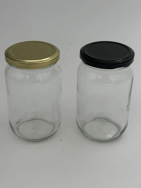 Glazen honingpot 450 gram met keuzedeksel zwart of goud